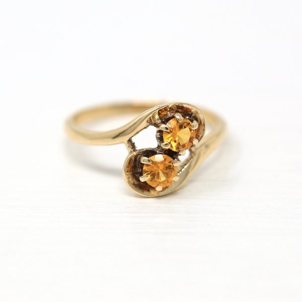 Created Orange Sapphire Ring - Retro 10k Yellow Gold Round Faceted .42 CTW Stones - Vintage 1960s Era Size 5 1 4 Statement Bypass Jewelry Online Hot Sale