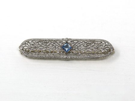 Sale - Genuine Aquamarine Brooch - Art Deco 14k White Gold Filigree Blue .19 CT Gem Pin - Antique Circa 1920s Era March Birthstone Jewelry Hot on Sale