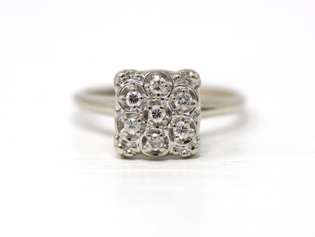 Diamond Cluster Ring - Mid Century 14k White Gold .28 CTW Flower Gems - Vintage Circa 1950s Era Size 8 1 2 Cocktail Statement Fine Jewelry Online now