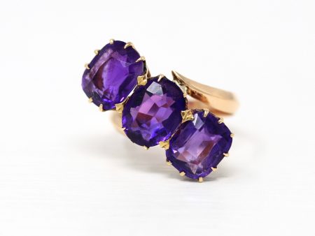 Amethyst Cocktail Ring - Retro Era 14k Yellow Gold Purple 6.75 CTW Gemstones - Vintage Circa 1940s Size 5.75 Bypass Setting Fine 40s Jewelry Sale