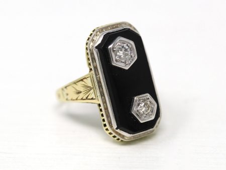 Vintage Onyx Ring - Art Deco 14k Yellow & White Gold Genuine .12 CT Diamond Statement - Circa 1930s Size 3.25 Rectangular Gem Fine Jewelry For Sale