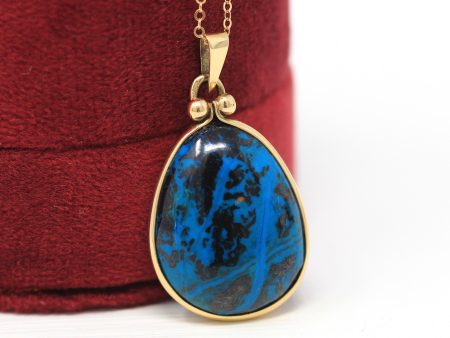 Sale - Simulated Turquoise Pendant - Estate 14k Yellow Gold Cabochon Cut Blue Black Necklace - Modern Circa 2000s Era Statement Fine Jewelry Fashion