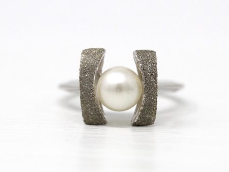 Cultured Pearl Ring - Retro 10k White Gold 7 mm Round White Gem - Vintage Circa 1970s Era Size 6 1 4 New Old Stock Statement Jewelry Hot on Sale