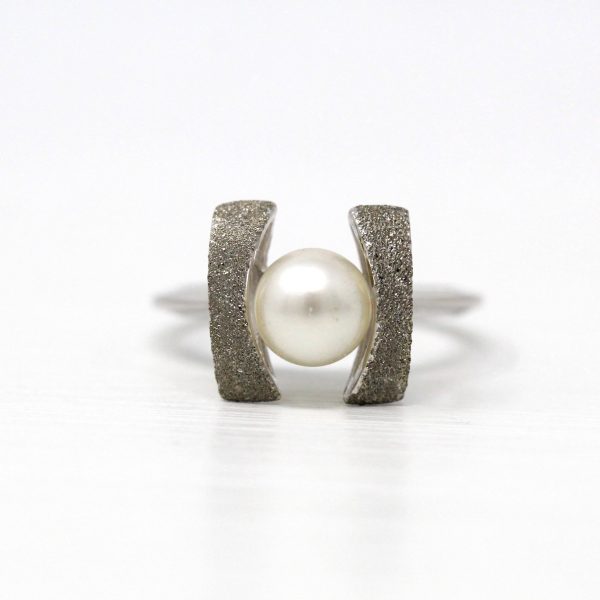 Cultured Pearl Ring - Retro 10k White Gold 7 mm Round White Gem - Vintage Circa 1970s Era Size 6 1 4 New Old Stock Statement Jewelry Hot on Sale