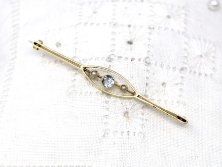 Genuine Aquamarine Brooch - Antique Edwardian 15k Yellow Gold Light Blue Gem & Seed Pearl - Circa 1910s Era March Birthstone Fine Jewelry For Discount