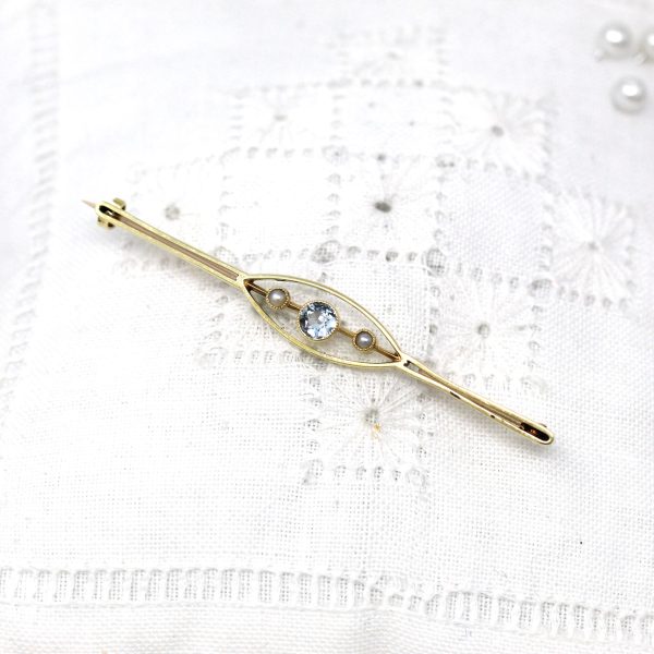 Genuine Aquamarine Brooch - Antique Edwardian 15k Yellow Gold Light Blue Gem & Seed Pearl - Circa 1910s Era March Birthstone Fine Jewelry For Discount