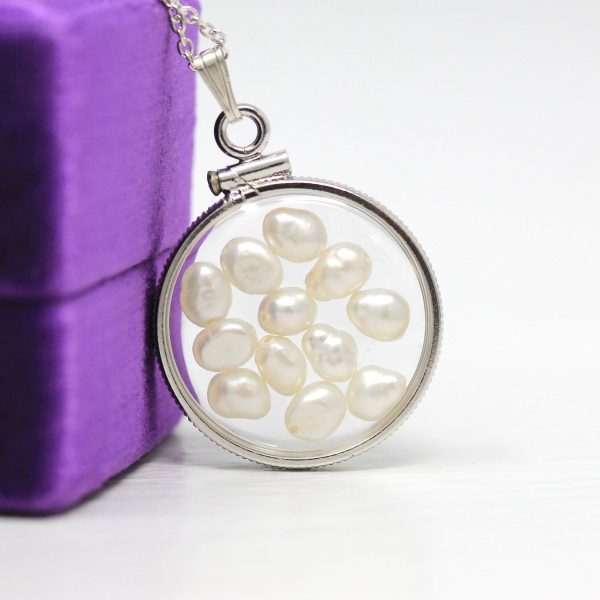 Baroque Pearl Shaker Locket - Handcrafted Sterling Silver Lucite Pendant Necklace Charm - June Birthstone Coin Bezel Nickel Sized Jewelry Online