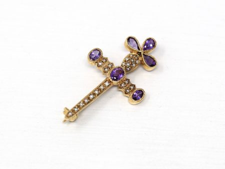 Sale - Vintage Amethyst Brooch - Retro Victorian Revival Seed Pearl Pin - 1960s Fashion Accessory Fine Sword Cross Motif Mid Century Jewelry Online now