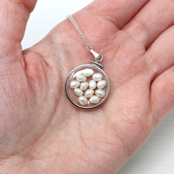 Baroque Pearl Shaker Locket - Handcrafted Sterling Silver Lucite Pendant Necklace Charm - June Birthstone Coin Bezel Nickel Sized Jewelry Online