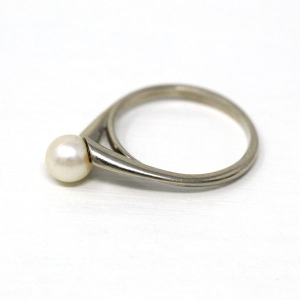 Cultured Pearl Ring - Retro 10k White Gold 6 mm Solitaire Gem - Vintage Circa 1960s Era Size 8 New Old Stock Fine Modernist Jewelry Cheap