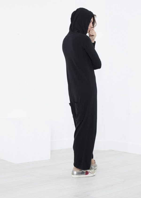 Knit Hooded Jumpsuit in Black on Sale