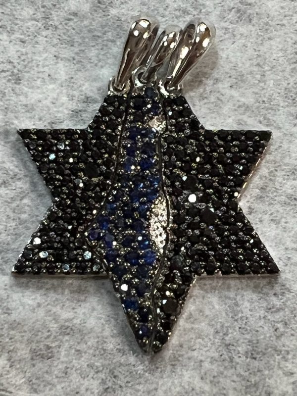 Black diamond and Star of David necklace with blue sapphire Israel map Sale