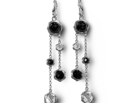 Fantasies Round Dangle Earrings in sterling silver with black onyx and rock crystal For Cheap