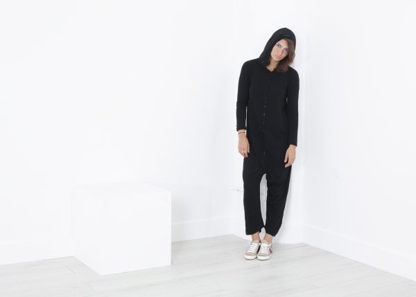 Knit Hooded Jumpsuit in Black on Sale