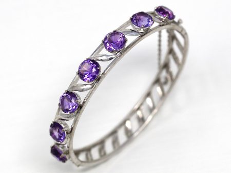 Sale - Genuine Amethyst Bracelet - Vintage 10k White Gold 9.35 Carat Purple Gems Bangle - Retro 1960s Hinged February Birthstone 60s Jewelry Online now