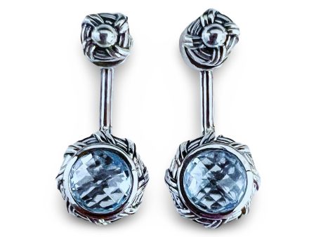 Fantasies Round Push Pin Drop Earrings in sterling silver with blue topaz For Sale