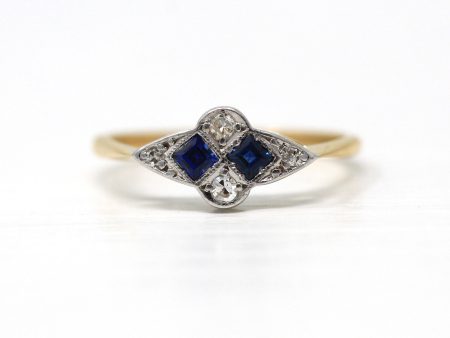 Art Deco Ring - Vintage 18k Yellow Gold & Platinum Diamond and Created Blue Sapphires - Circa 1940s Size 5.5 Fine English Jewelry Online