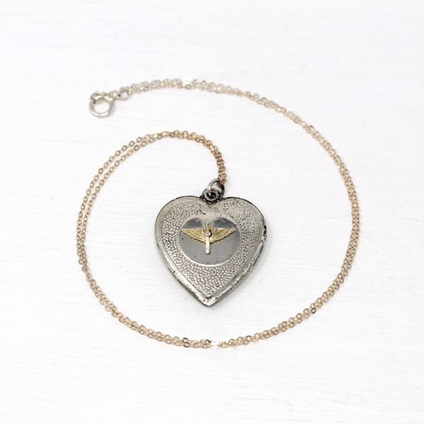 Vintage Aviation Pendant - Retro Sterling Silver Prop And Wings Puffy Heart Necklace - Circa 1940s Statement Military Sweetheart 40s Jewelry Sale