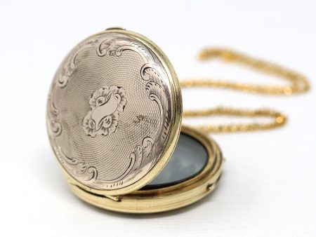 Antique Watch Locket - Victorian Gold Filled Case Engine Turned Flower Pendant Pocket Fob - Circa 1890s Era Quad Fashion Accessory Jewelry Sale