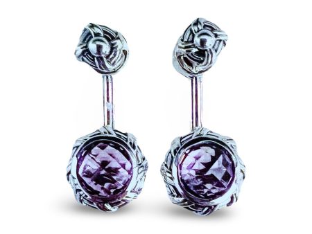 Fantasies Round Push Pin Drop Earrings in sterling silver with amethyst For Sale