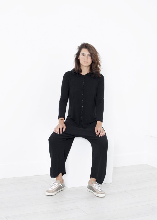 Knit Hooded Jumpsuit in Black on Sale