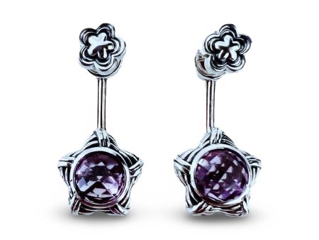 Fantasies Flower Push Pin Drop Earrings in sterling silver with amethyst Cheap