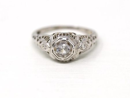 White Sapphire Ring - 18k White Gold Filigree Engagement Fine Jewelry - Vintage 1930 Size 5 1 4 Wedding Diamond Bridal Jewelry on Sale