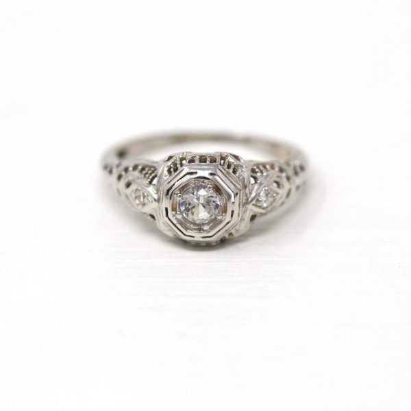 White Sapphire Ring - 18k White Gold Filigree Engagement Fine Jewelry - Vintage 1930 Size 5 1 4 Wedding Diamond Bridal Jewelry on Sale