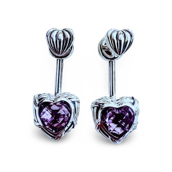 Fantasies Heart Push Pin Drop Earrings in sterling silver with amethyst For Discount