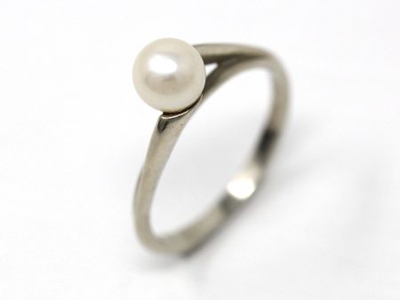 Cultured Pearl Ring - Retro 10k White Gold 6 mm Solitaire Gem - Vintage Circa 1960s Era Size 8 New Old Stock Fine Modernist Jewelry Cheap