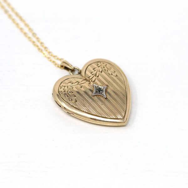 Vintage Heart Locket - Retro 10k Yellow Gold Genuine Diamond Flower Pendant Necklace - Circa 1940s Era Fine Keepsake Photograph 40s Jewelry Online now