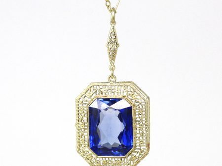 Art Deco Necklace - Vintage 14k Yellow Gold 10.91 CT Created Sapphire Statement - Circa 1930s Era Flower Filigree September Fine 30s Jewelry For Discount