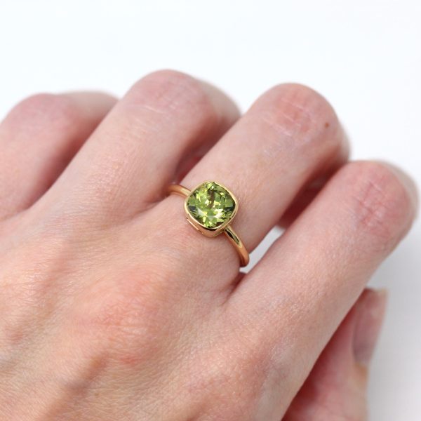 2.60 ct Mali Garnet Ring - 18k Yellow Gold Bezel Set Green Gemstone - Modern Size 6 1 4 Cushion Alternative Engagement Fine Gem Jewelry Discount