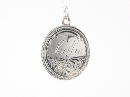 Antique Love Token - Victorian Era .900 Silver Engraved Name Lillie Pendant Necklace - Dated 1876 Liberty Seated Quarter Currency Jewelry Fashion