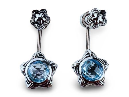 Fantasies Flower Push Pin Drop Earrings in sterling silver with blue topaz For Discount