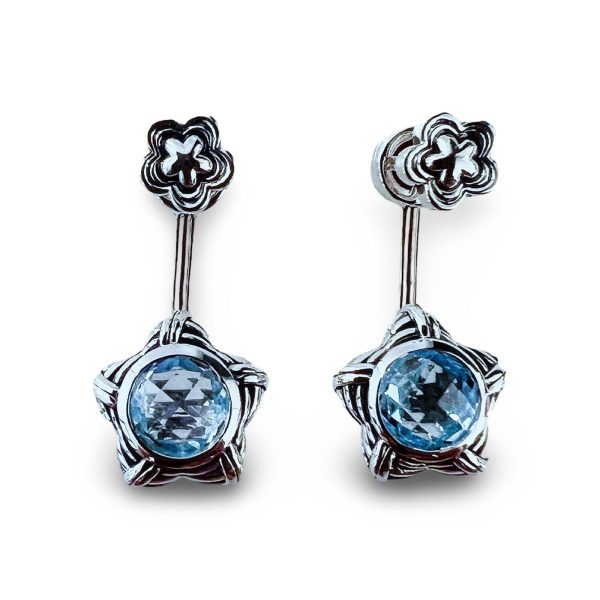 Fantasies Flower Push Pin Drop Earrings in sterling silver with blue topaz For Discount