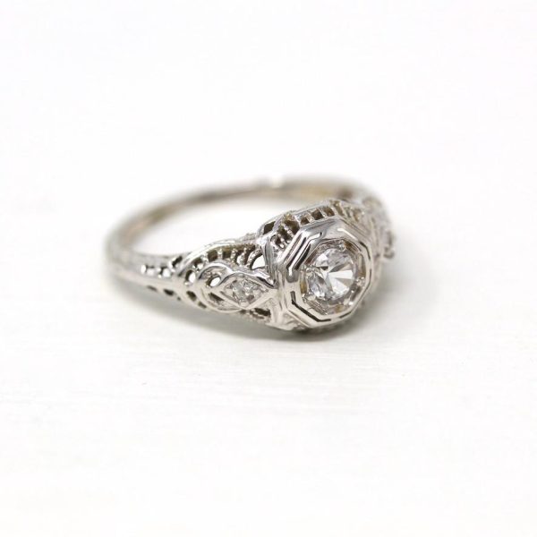 White Sapphire Ring - 18k White Gold Filigree Engagement Fine Jewelry - Vintage 1930 Size 5 1 4 Wedding Diamond Bridal Jewelry on Sale