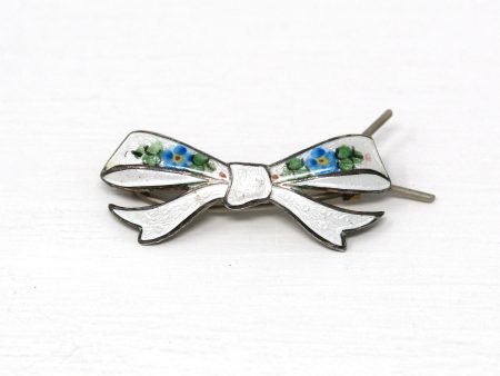 Vintage Bow Hair Clip - Art Deco Sterling Silver Blue White Guilloche Enamel Fashion Accessory - 1930s Pin Fastener Flower Barrette Jewelry Discount