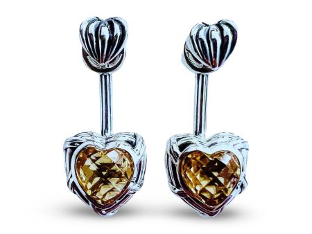 Fantasies Heart Push Pin Drop Earrings in sterling silver with citrine For Sale