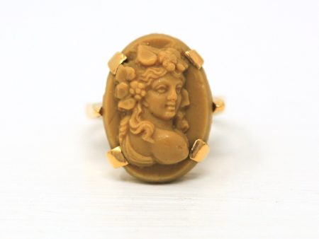 Vintage Cameo Ring - Retro 14k Yellow Gold Oval Brown Glass Cameo Statement - Vintage Circa 1970s Era Size 5 1 4 Mythology 70s Fine Jewelry Sale