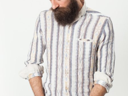 Linen Western Shirt in Beige Blue Cheap