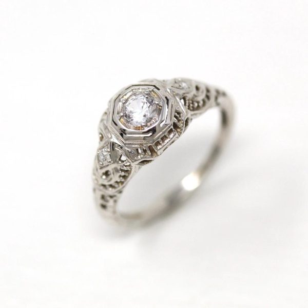 White Sapphire Ring - 18k White Gold Filigree Engagement Fine Jewelry - Vintage 1930 Size 5 1 4 Wedding Diamond Bridal Jewelry on Sale