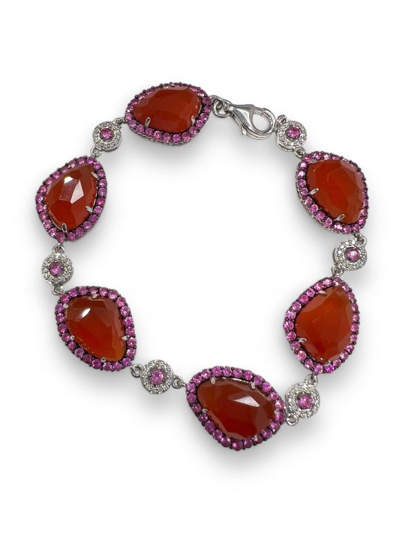 6 carnelians surrounded by hot pink sapphired and diamond bracelet on Sale