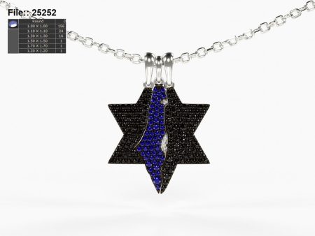 Black diamond and Star of David necklace with blue sapphire Israel map Sale