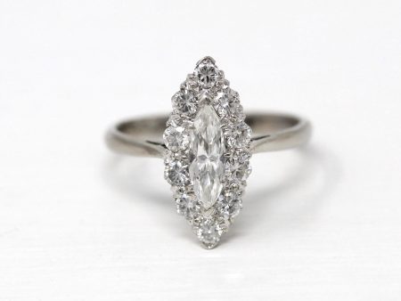 Vintage Marquise Diamond Ring - Mid Century Platinum .93 CTW Diamond Halo Engagement - Circa 1950s Size 6 1 4 Rare Bridal Jewelry W  Report on Sale