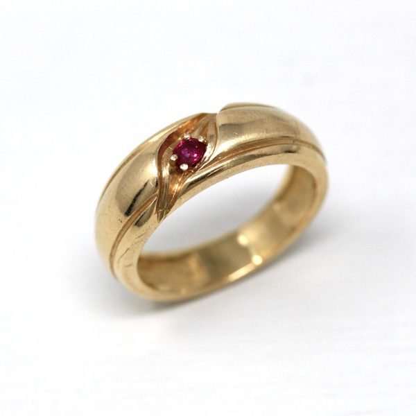 Created Ruby Band - Retro 14k Yellow Gold Round Faceted Red Stone Ring - Vintage Circa 1960s Era Size 8 3 4 New Old Stock Fine 60s Jewelry Discount