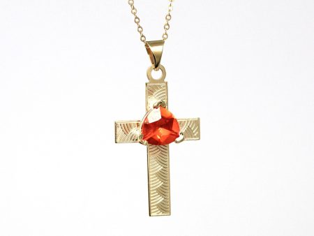 Created Orange Sapphire Cross Necklace - Modern 14k Yellow Gold Trilliant Cut Orange Pendant Charm - Estate Religious Faith Fine Jewelry For Sale