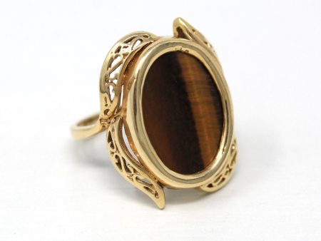 Tiger s Eye Ring - Retro 10k Yellow Gold Genuine Brown Gemstone Statement - Vintage Circa 1970s Era Size 5 1 2 New Old Stock Fine Jewelry Cheap