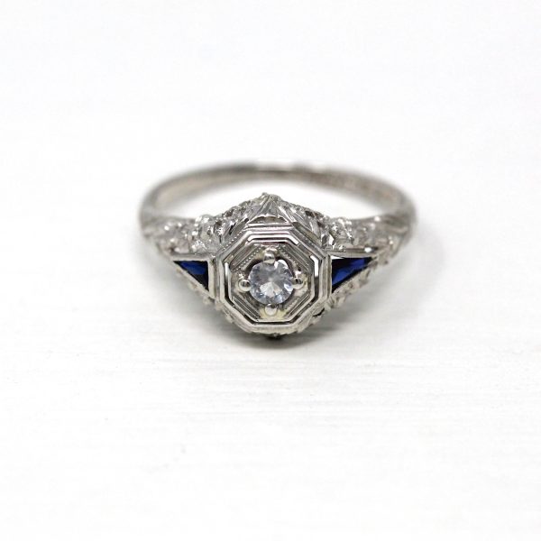 White Sapphire Ring - 18k White Gold Filigree Engagement Fine Jewelry - Vintage 1930 Size 5 1 2 Wedding Diamond Bridal Blue Accent Jewelry Discount