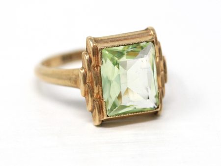 Created Spinel Ring - Retro 10k Yellow Gold Pale Green Square Faceted 2.67 CT Stone - Vintage Circa 1960s Size 6 New Old Stock Fine Jewelry Discount